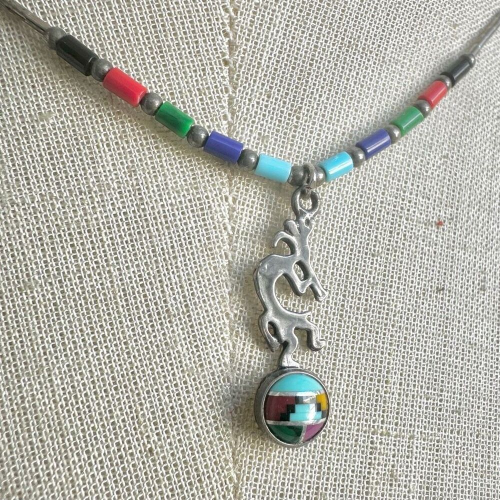Sterling SilverSouthwest Turquoise and other StonesInlayed Kokopelli PendantNec